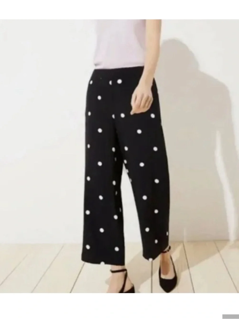 LOFT Black & White Polka Dot Cropped Wide-Leg Pants career office